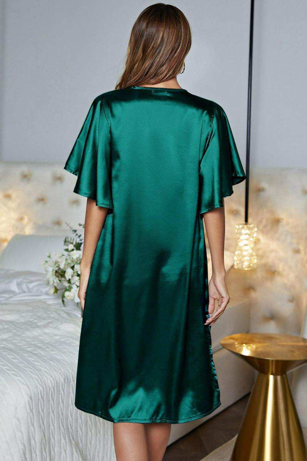 Satin Flutter Sleeve Side Slit V-Neck Night Dress - Trendsi - Flyclothing LLC