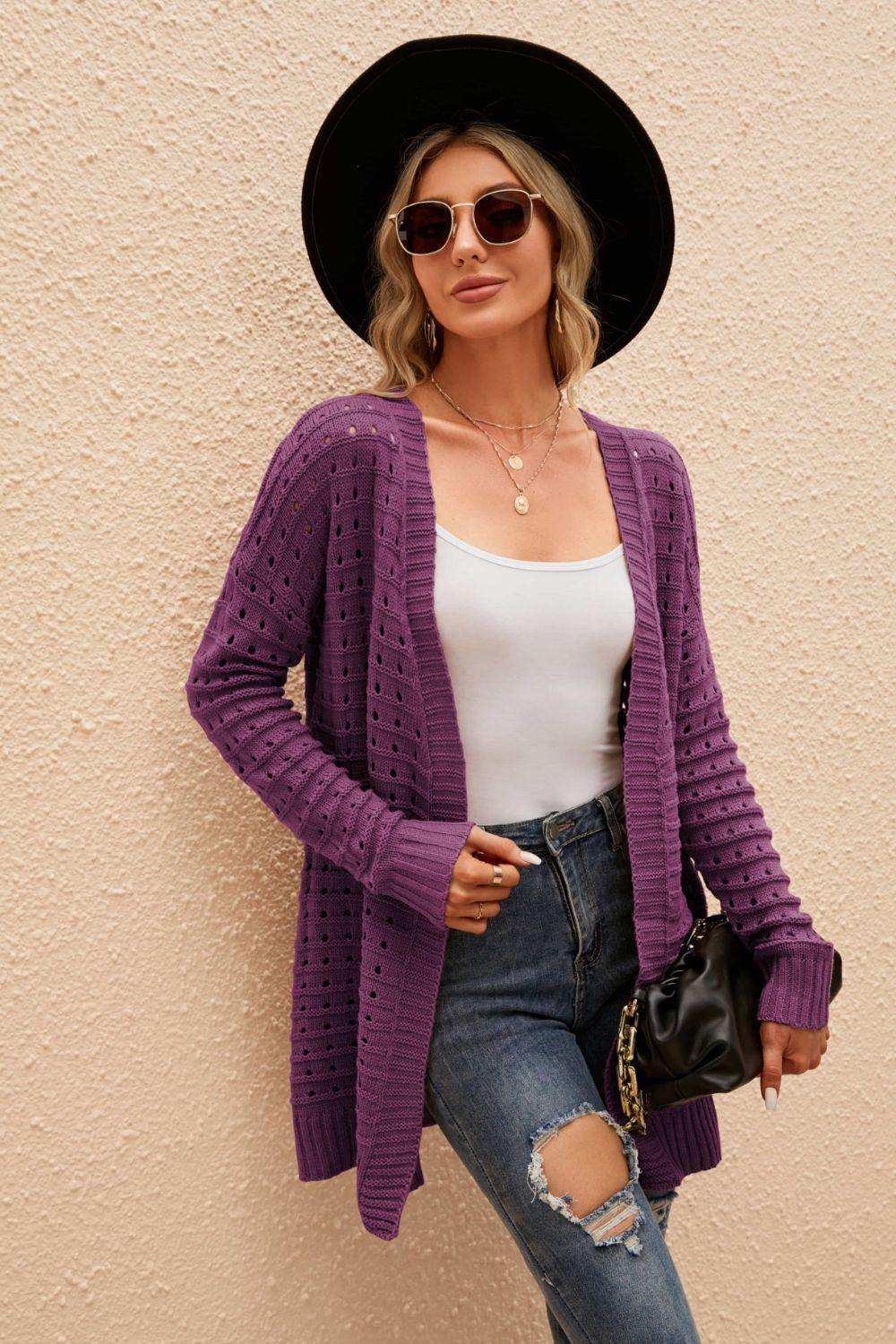 Openwork Horizontal Ribbing Open Front Cardigan - Trendsi - Flyclothing LLC