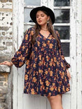 Plus Size Floral V-Neck Balloon Sleeve Dress - Trendsi - Flyclothing LLC