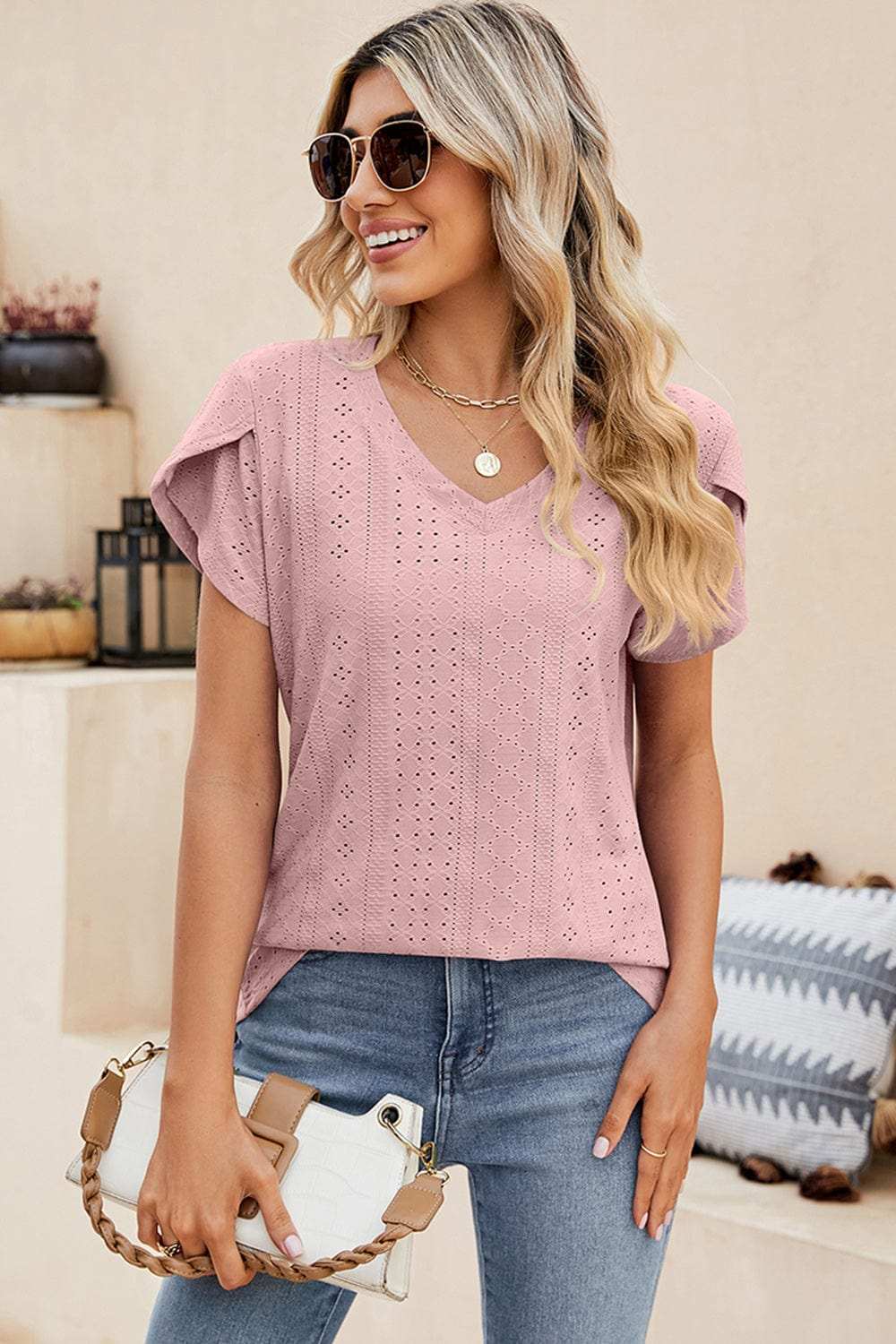 Eyelet V-Neck Petal Sleeve T-Shirt - Trendsi - Flyclothing LLC