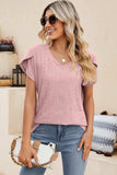 Eyelet V-Neck Petal Sleeve T-Shirt - Trendsi - Flyclothing LLC