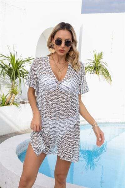 Openwork V-Neck Short Sleeve Cover Up - Trendsi - Flyclothing LLC