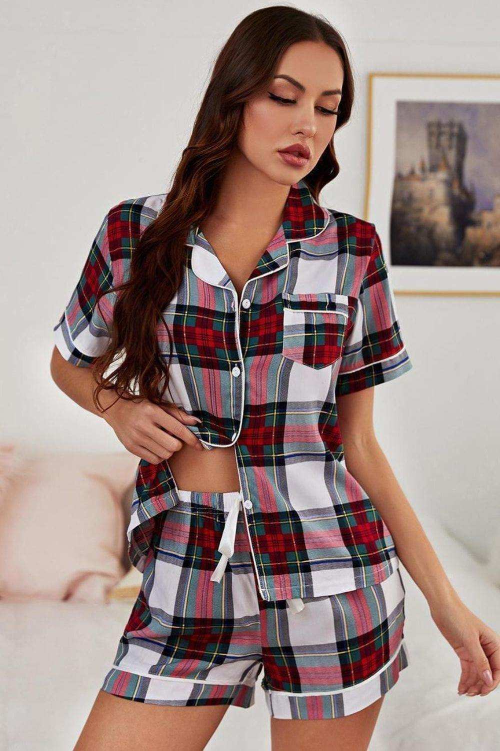 Collared Neck Short Sleeve Tied Two-Piece Lounge Set - Trendsi - Flyclothing LLC