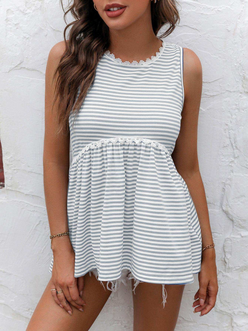 Striped Lace Trim Round Neck Tank - Trendsi - Flyclothing LLC