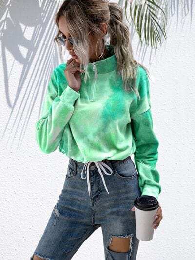 Tie-Dye Quarter Zip Dropped Shoulder Sweatshirt - Trendsi - Flyclothing LLC