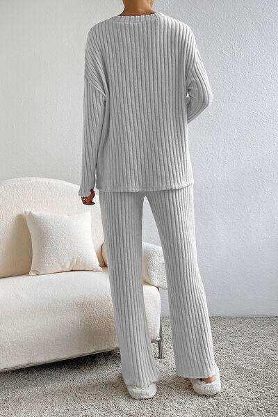 Ribbed V-Neck Top and Pants Lounge Set - Trendsi - Flyclothing LLC