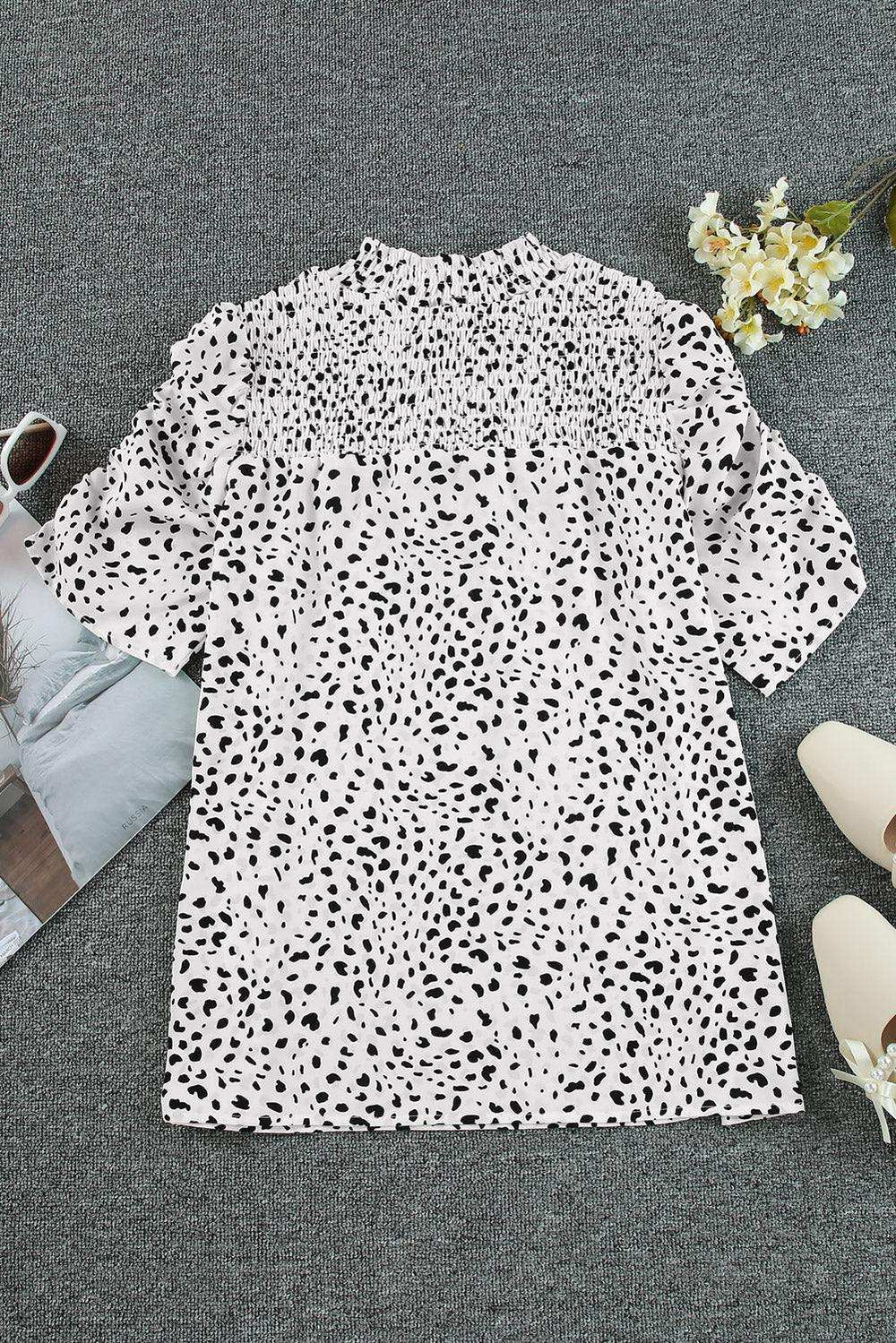 Printed Smocked Mock Neck Blouse - Trendsi - Flyclothing LLC