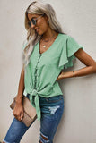 V-Neck Tie Hem Flutter Sleeve Blouse - Trendsi - Flyclothing LLC