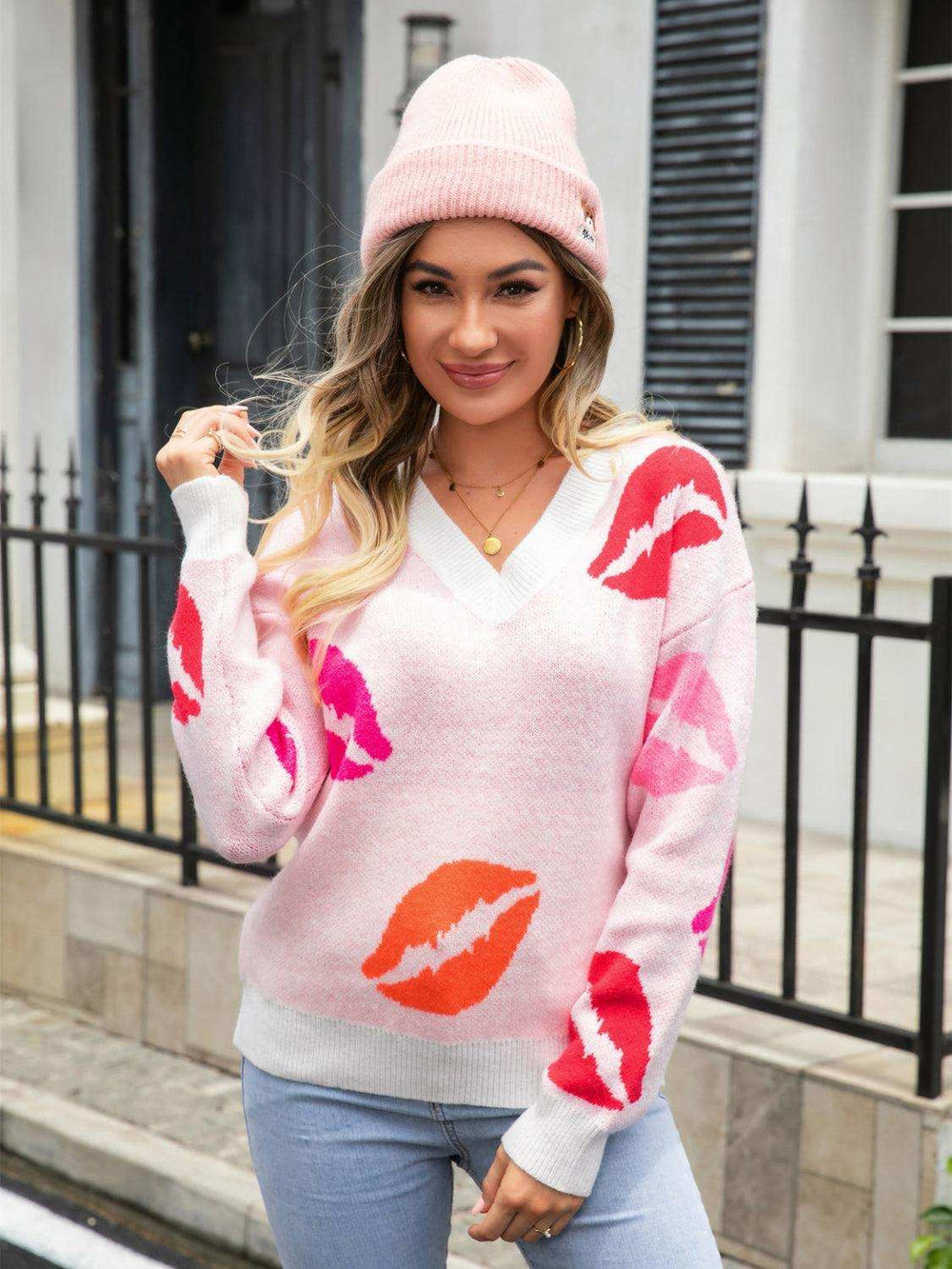 Lip V-Neck Drop Shoulder Sweater - Trendsi - Flyclothing LLC