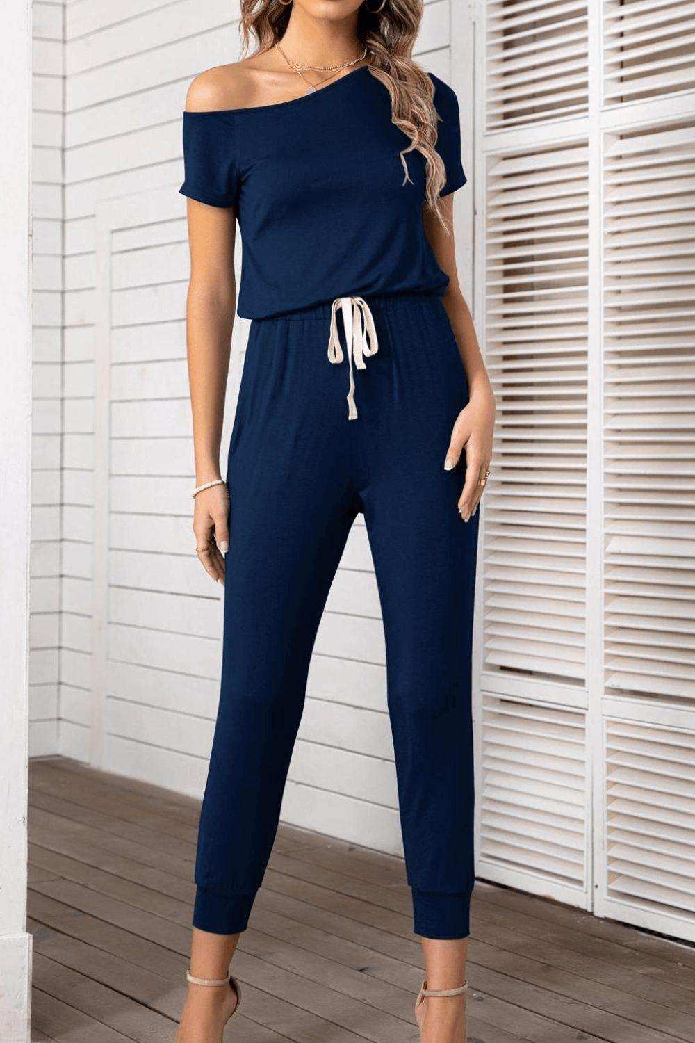 Asymmetrical Neck Short Sleeve Jumpsuit - Trendsi - Flyclothing LLC