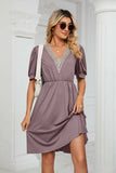Contrast V-Neck Puff Sleeve Pocket Dress - Trendsi - Flyclothing LLC