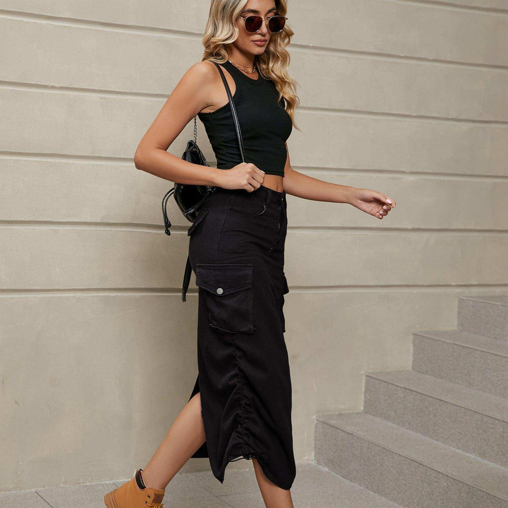 Drawstring Ruched Slit Denim Midi Skirt - Trendsi - Flyclothing LLC