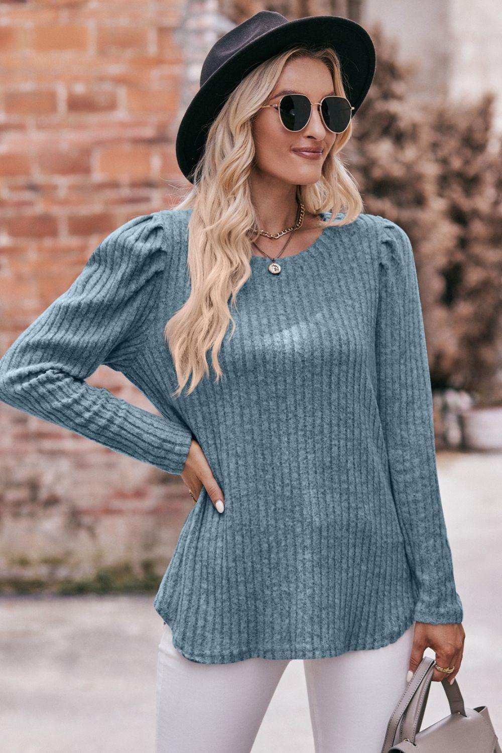 Round Neck Puff Sleeve Ribbed Top - Trendsi - Flyclothing LLC