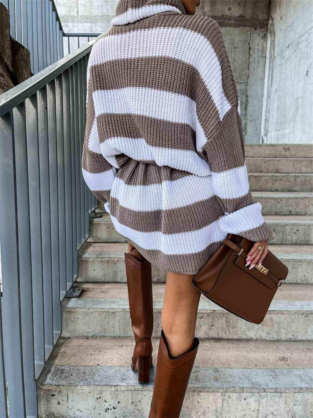 Striped Turtleneck Sweater Dress - Trendsi - Flyclothing LLC