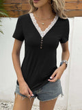 Lace Trim V-Neck Short Sleeve Blouse - Trendsi - Flyclothing LLC