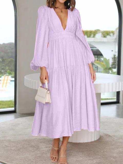 Deep V-Neck Balloon Sleeve Plain Maxi Dress - Trendsi - Flyclothing LLC