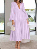 Deep V-Neck Balloon Sleeve Plain Maxi Dress - Trendsi - Flyclothing LLC