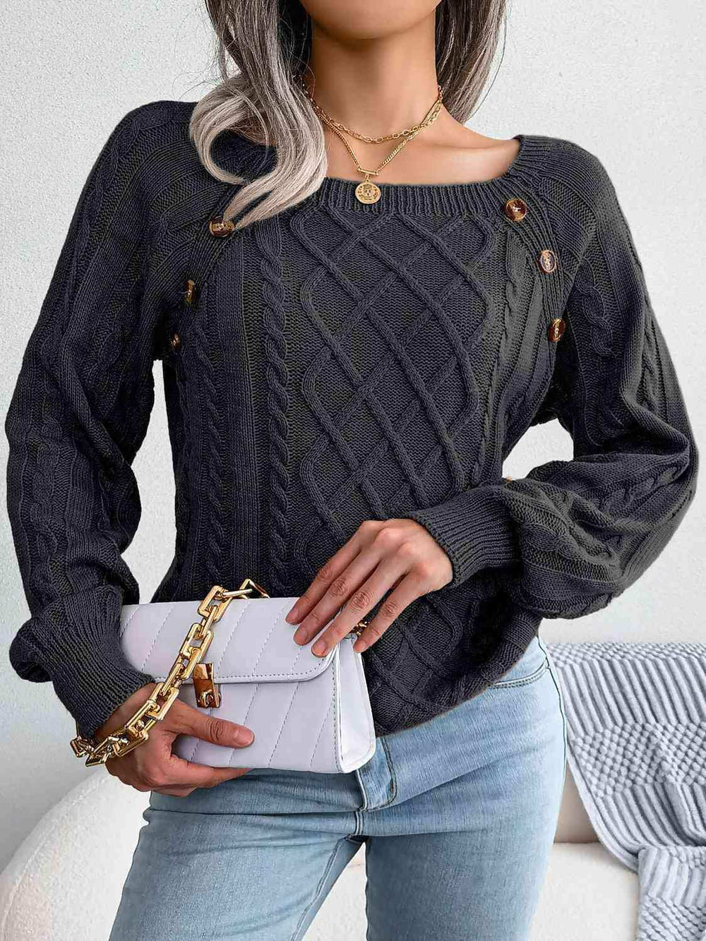 Decorative Button Cable-Knit Sweater - Trendsi - Flyclothing LLC