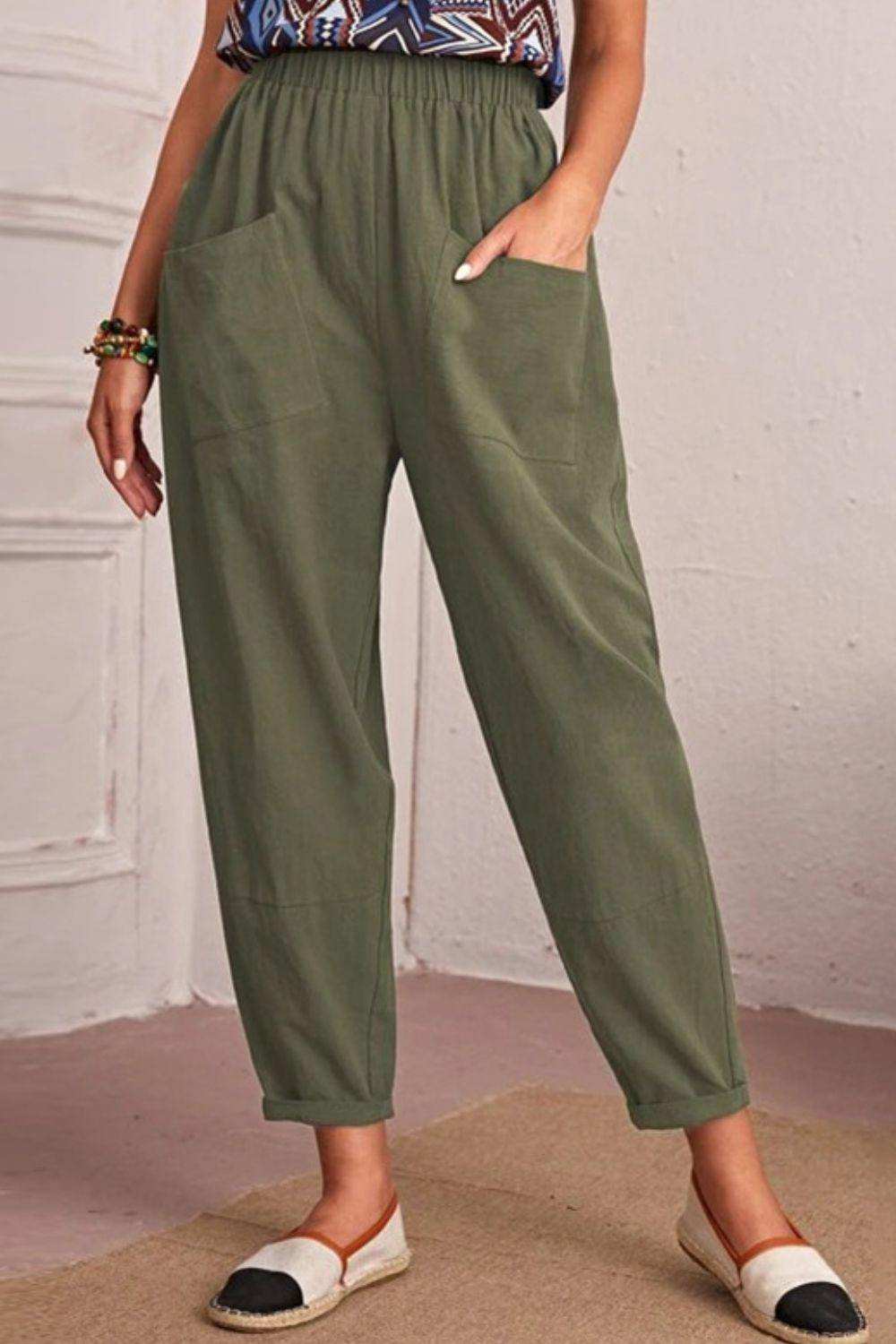 Elastic Waist Pocket Tapered Pants - Trendsi - Flyclothing LLC