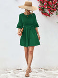 Round Neck Tie Belt Flounce Sleeve Dress - Trendsi - Flyclothing LLC