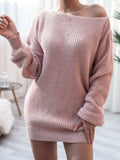 Rib-Knit Balloon Sleeve Boat Neck Sweater Dress - Trendsi - Flyclothing LLC