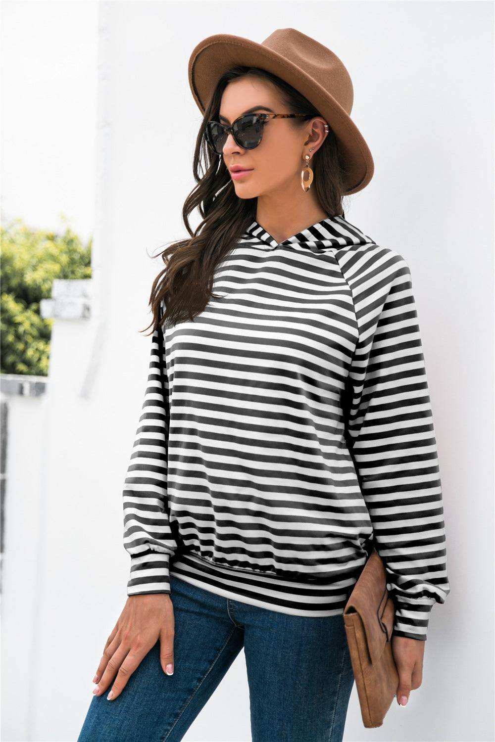 Horizontal Stripe Raglan Sleeve Hoodie - Trendsi - Flyclothing LLC