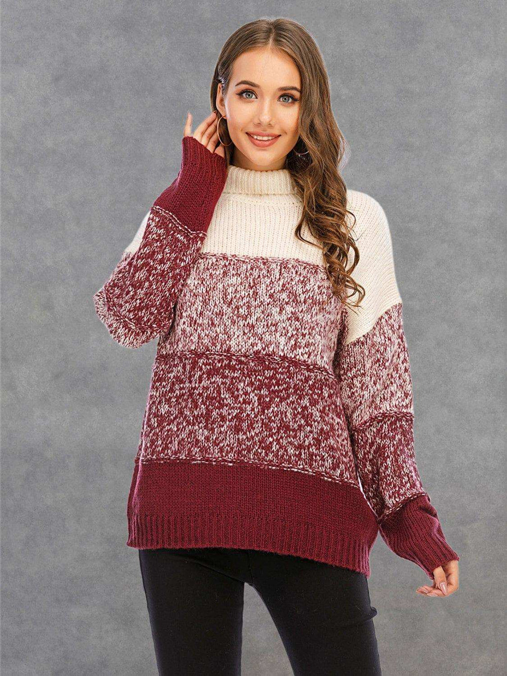 Color Block Turtleneck Sweater - Trendsi - Flyclothing LLC