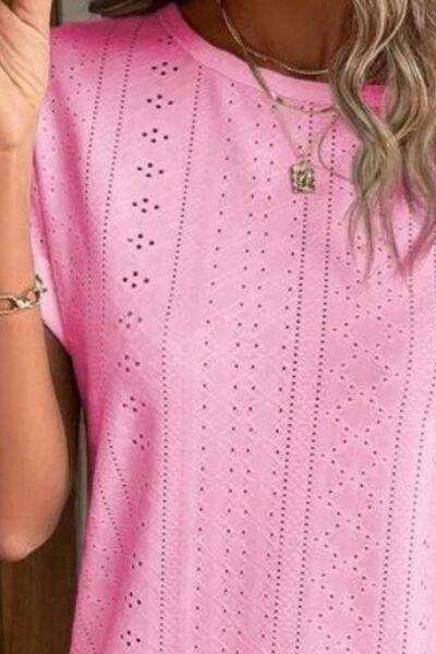 Eyelet Round Neck Short Sleeve T-Shirt - Trendsi - Flyclothing LLC