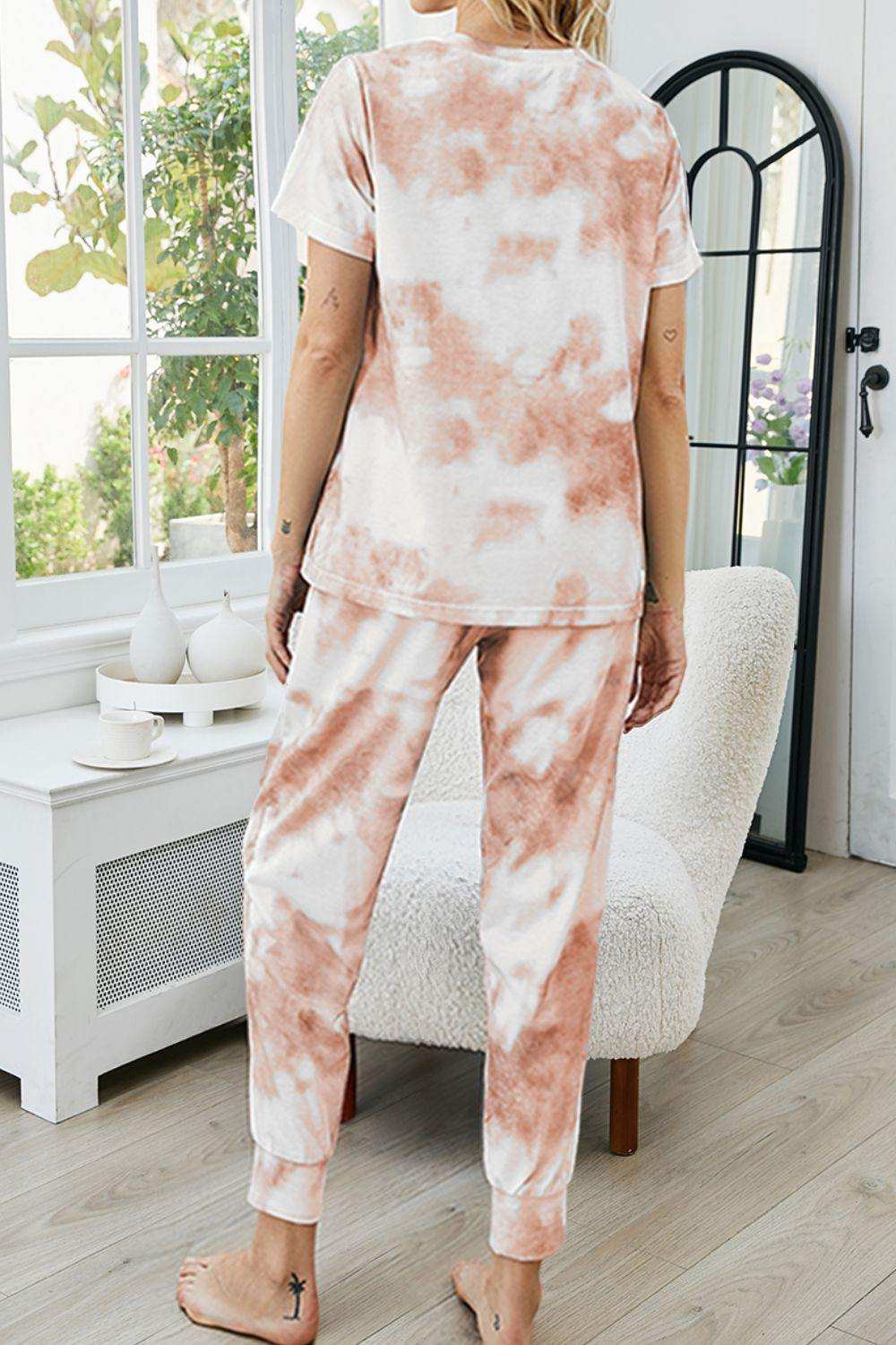 Tie-Dye Round Neck Short Sleeve Top and Pants Lounge Set - Trendsi - Flyclothing LLC