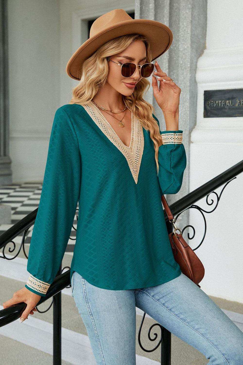 V-Neck Long Sleeve Blouse - Trendsi - Flyclothing LLC