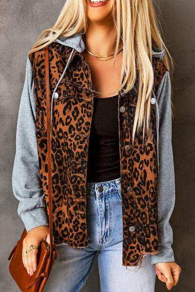 Leopard Distressed Drawstring Hooded Denim Jacket - Trendsi - Flyclothing LLC