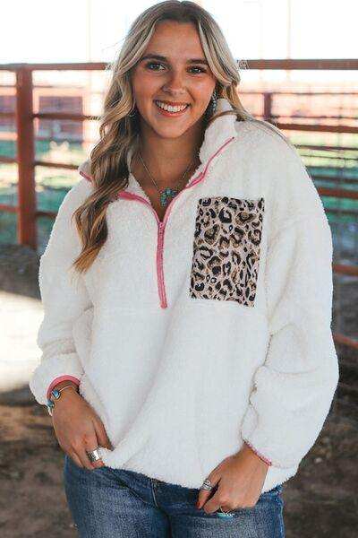 Half Zip Leopard Contrast Long Sleeve Sweatshirt - Trendsi - Flyclothing LLC