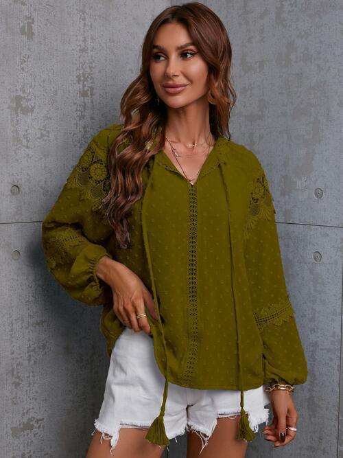 Crochet Tassel Tie Neck Long Sleeve Blouse - Trendsi - Flyclothing LLC