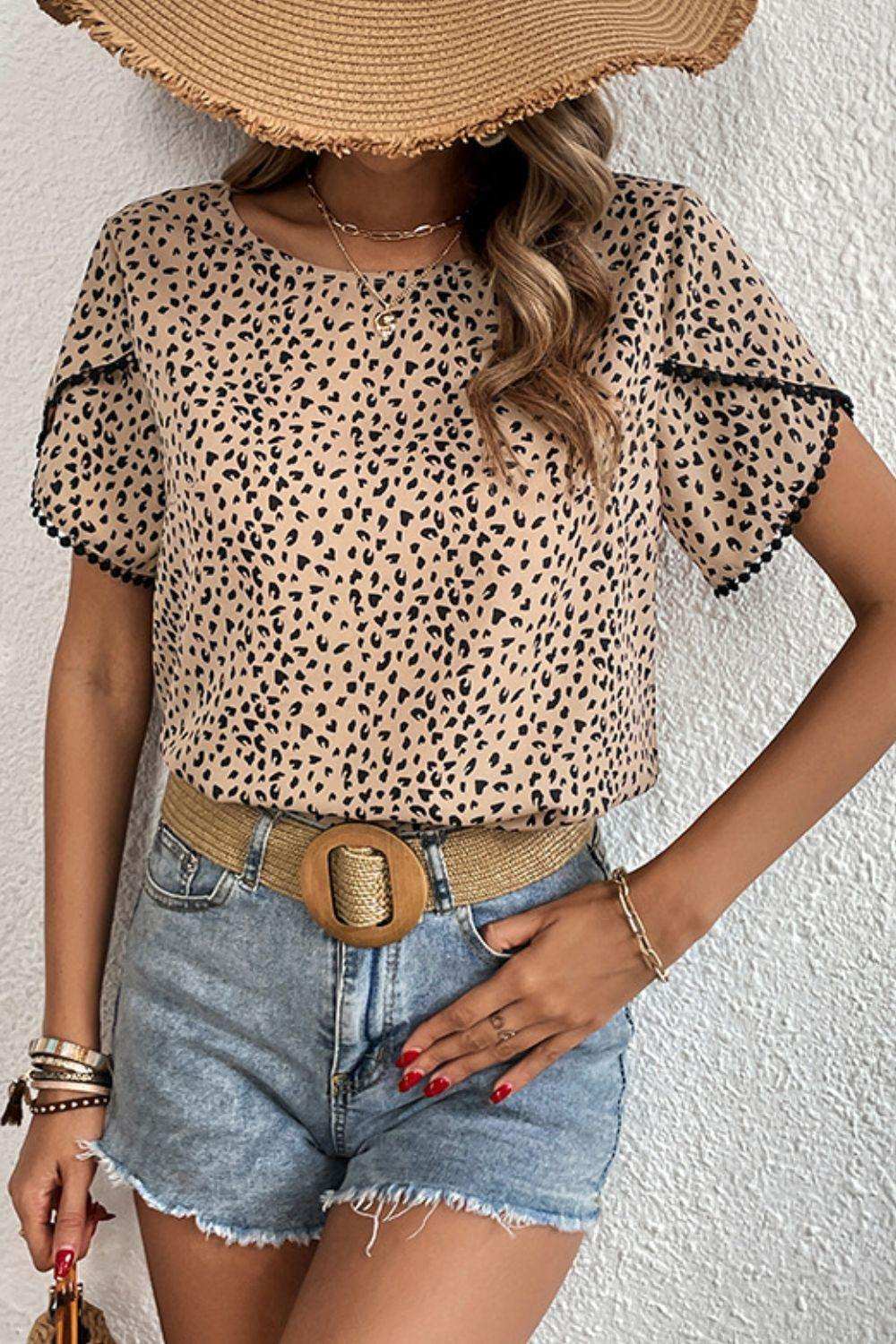 Printed Pom Pom Detail Petal Sleeve Round Neck Blouse - Trendsi - Flyclothing LLC