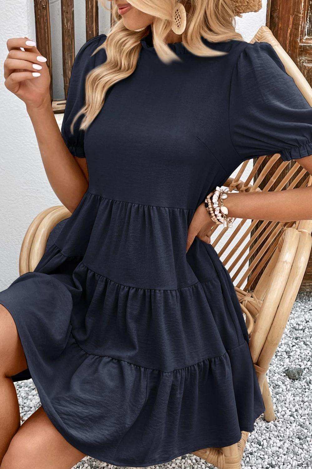 Puff Sleeve Tie Back Tiered Dress - Trendsi - Flyclothing LLC