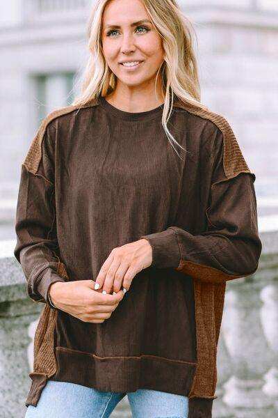 Ribbed Exposed Seam Dropped Shoulder Blouse - Trendsi - Flyclothing LLC