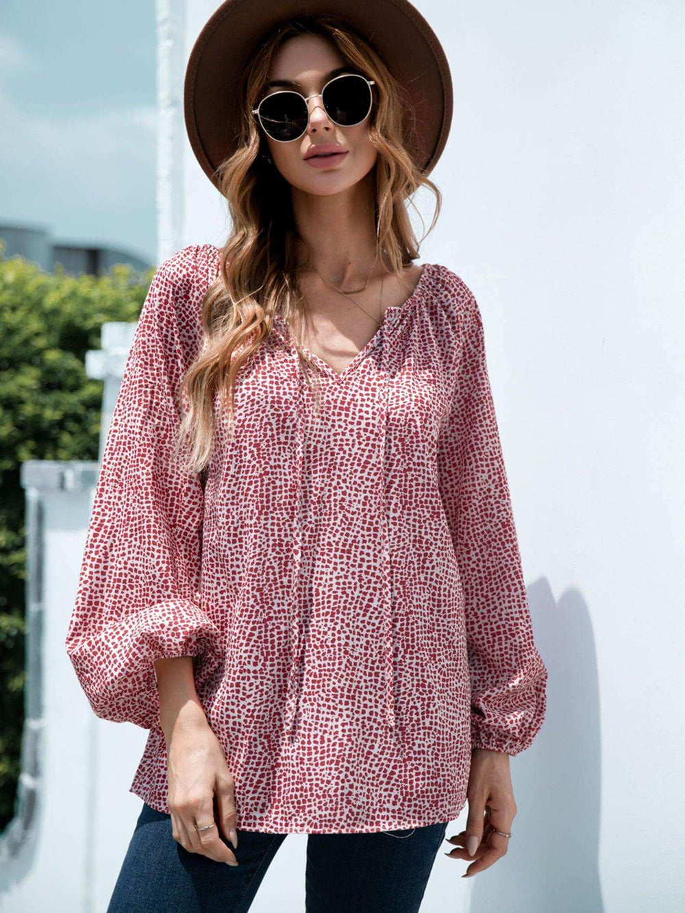 Printed Tie-Neck Balloon Sleeve Blouse - Trendsi - Flyclothing LLC