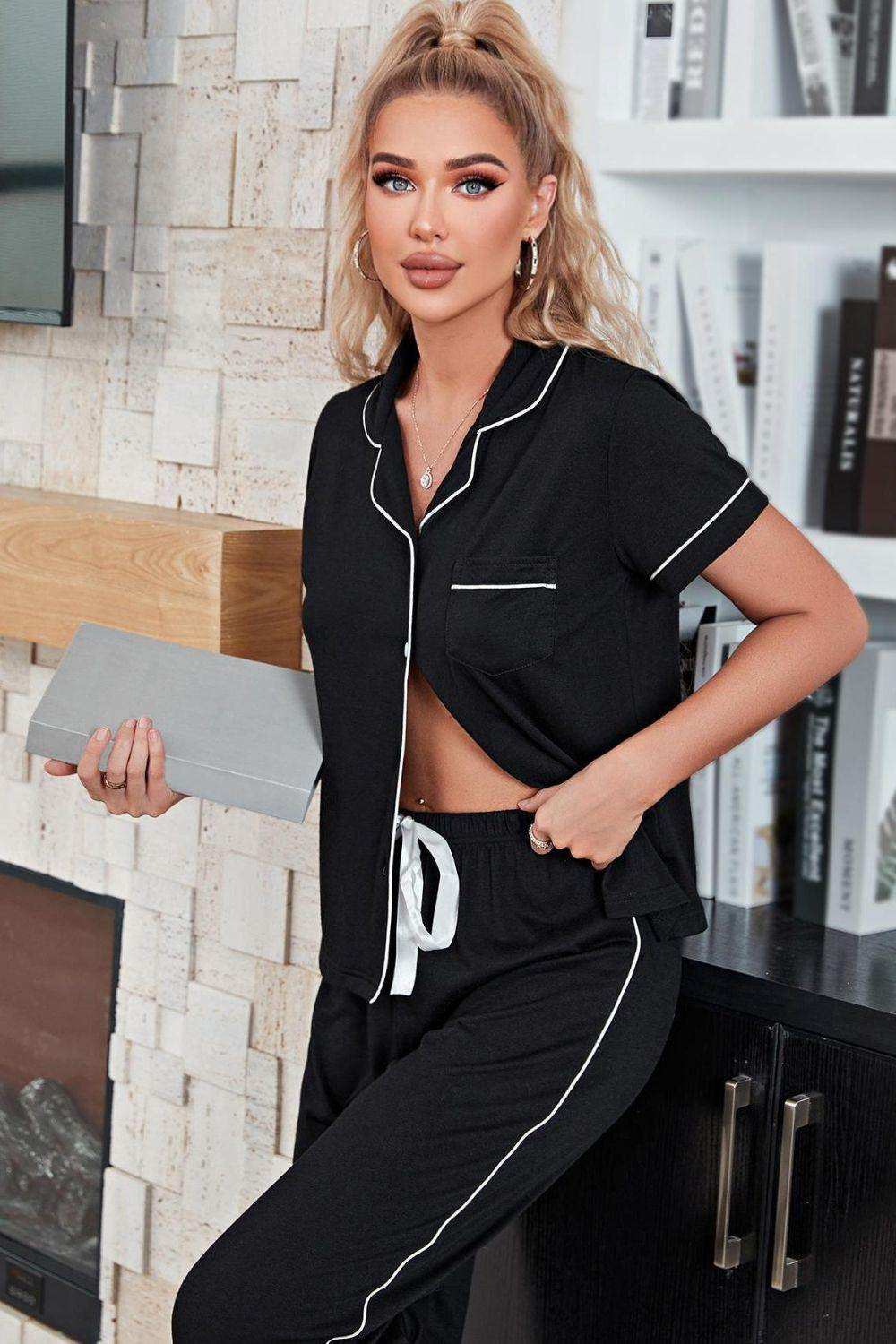 Contrast Piping Short Sleeve Top and Pants Pajama Set - Trendsi - Flyclothing LLC