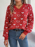 Heart Pattern V-Neck Long Sleeve Sweater - Trendsi - Flyclothing LLC