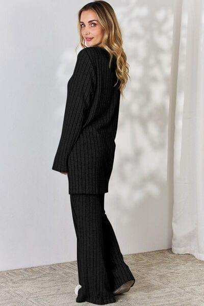 Basic Bae Full Size Ribbed High-Low Top and Wide Leg Pants Set - Trendsi - Flyclothing LLC