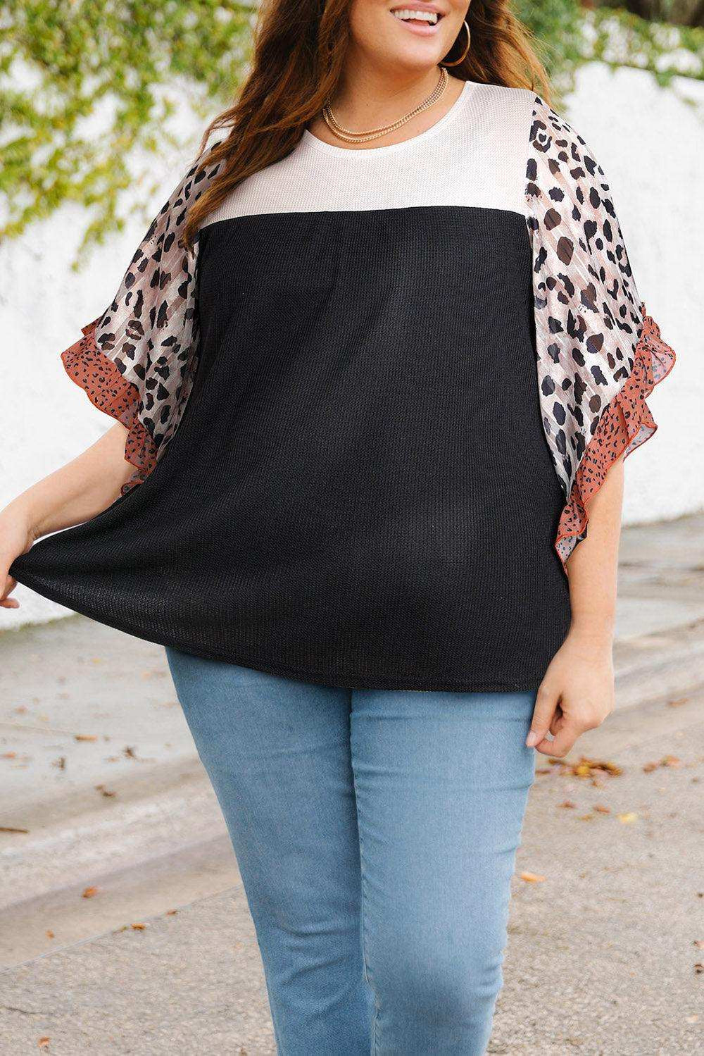 Plus Size Printed Color Block Ruffled Blouse - Trendsi - Flyclothing LLC
