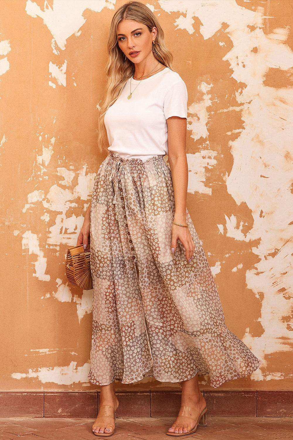 Floral Buttoned Front Slit Skirt - Trendsi - Flyclothing LLC