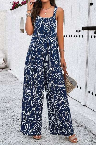 Printed Wide Strap Jumpsuit with Pockets - Trendsi - Flyclothing LLC