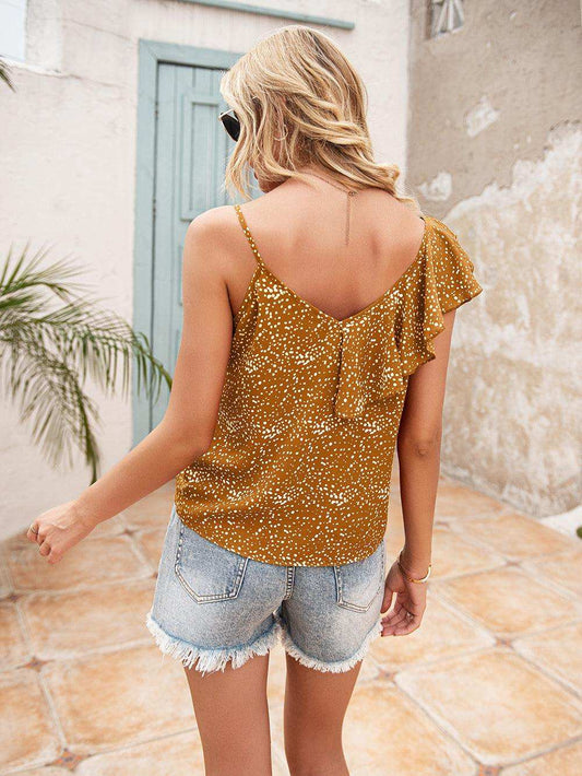 Polka Dot Ruffle Trim Asymmetrical Tank Top - Trendsi - Flyclothing LLC