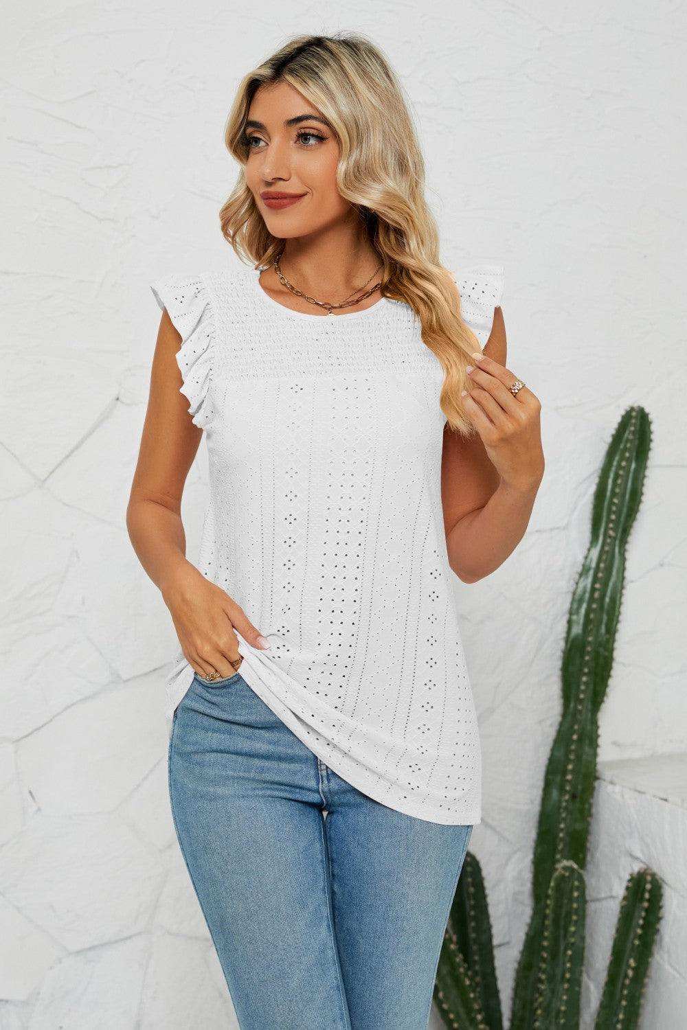 Smocked Round Neck Eyelet Top - Trendsi - Flyclothing LLC