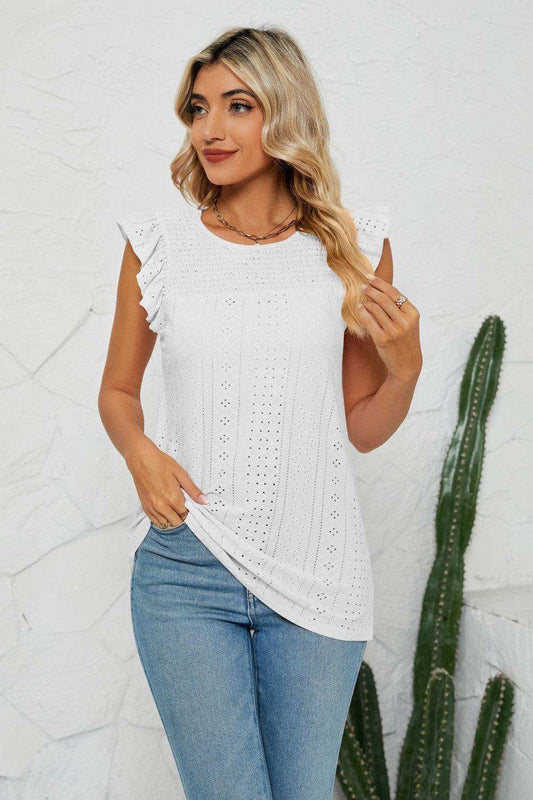 Smocked Round Neck Eyelet Top - Trendsi - Flyclothing LLC