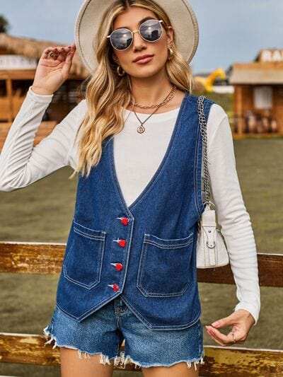Pocketed Button Up Sleeveless Denim Jacket - Trendsi - Flyclothing LLC