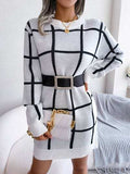 Plaid Round Neck Dropped Shoulder Sweater Dress - Trendsi - Flyclothing LLC