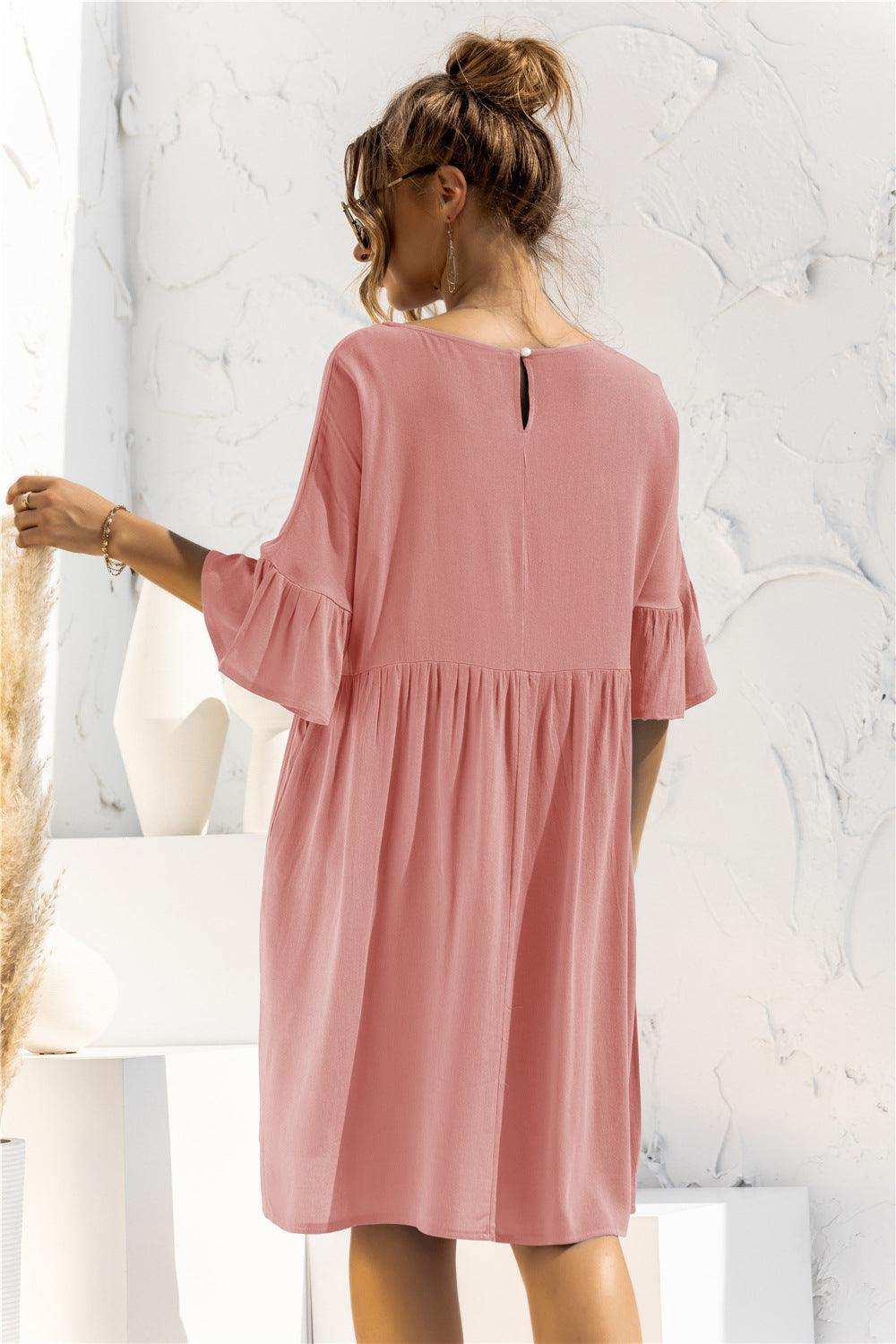 Boat Neck Flounce Sleeve Knee-Length Dress - Trendsi - Flyclothing LLC
