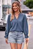 Swiss Dot Notched Neck Flounce Sleeve Blouse - Trendsi - Flyclothing LLC